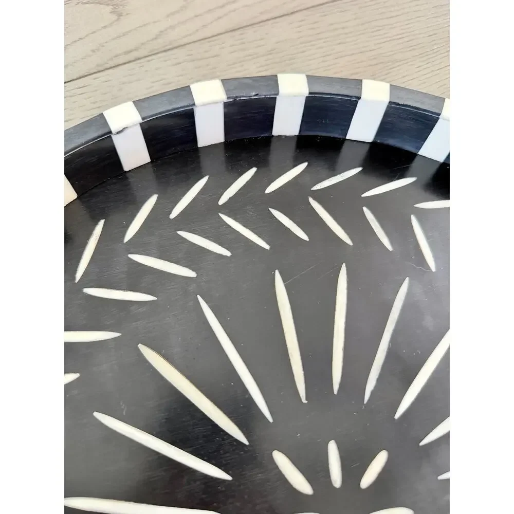 Crate & Barrel Osk Round Bone Inlay Bar Tray Black White Sunburst 14.5” India